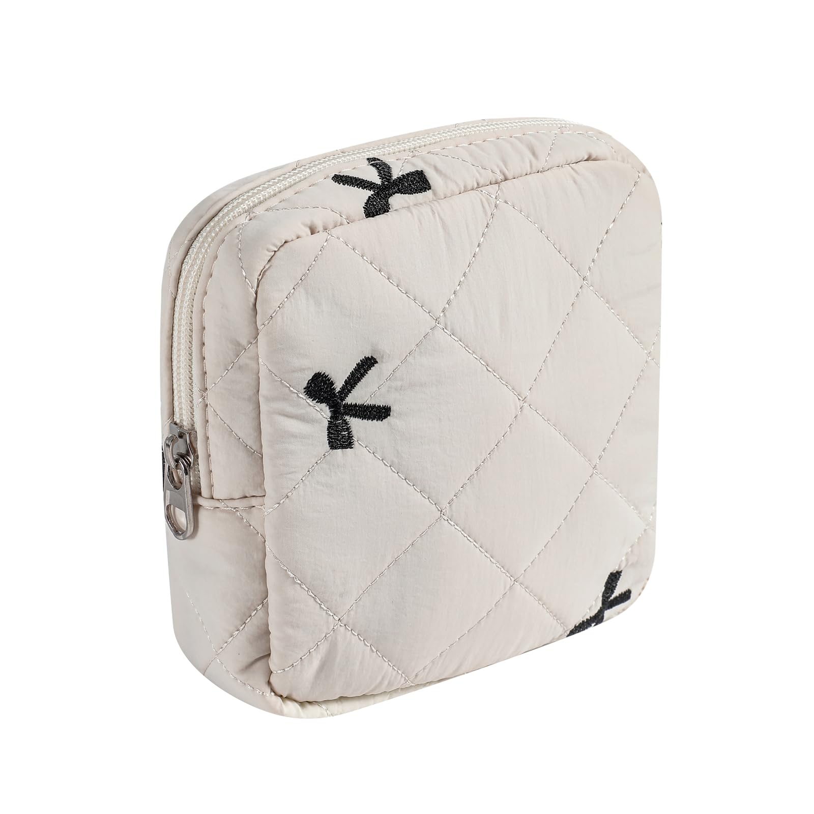 RSRSLEII Small Quilted Cosmetic Pouch for Purse, Mini Cotton Makeup Bag with Compartments, Cute Zipper Lipstick Holder for Women (06Beige Bow)