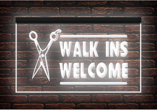 160021 Walk INS Welcome Beauty Haircut Barber Salon Shop Open Display LED Light Neon Sign 12" X 8", White