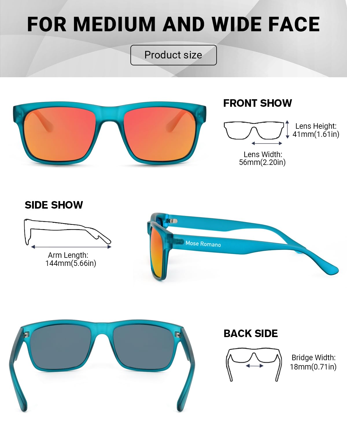Occhiali da sole polarizzati per gli uomini Protezione UV400 Occhiali da sole quadrati leggeri TR90 Running Fishing Driving Shades, Telai Teal Lenti Rosso Tramonto, XL