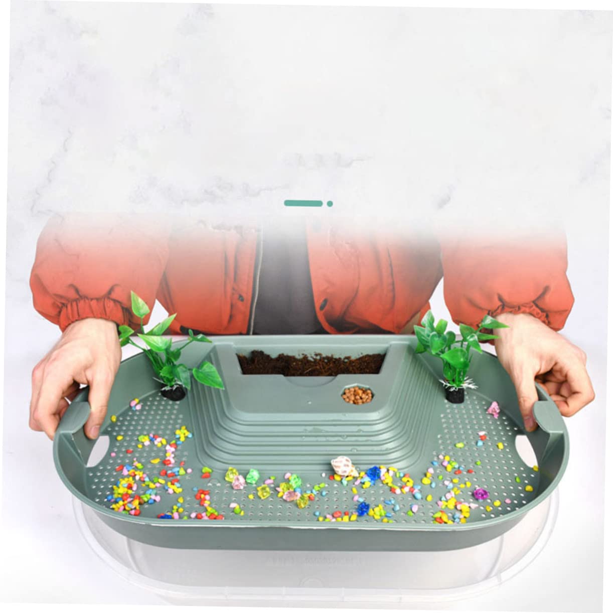 Terrario per Tartarughe in Plastico Verde, Habitat con Piattaforma per Basking, Area di Alimentazione e Nuoto, Fondo Antiscivolo | 5 Zone Interne, Area Anti-scivolo e Zona Alimentazione, Plastico Verde per Rettili