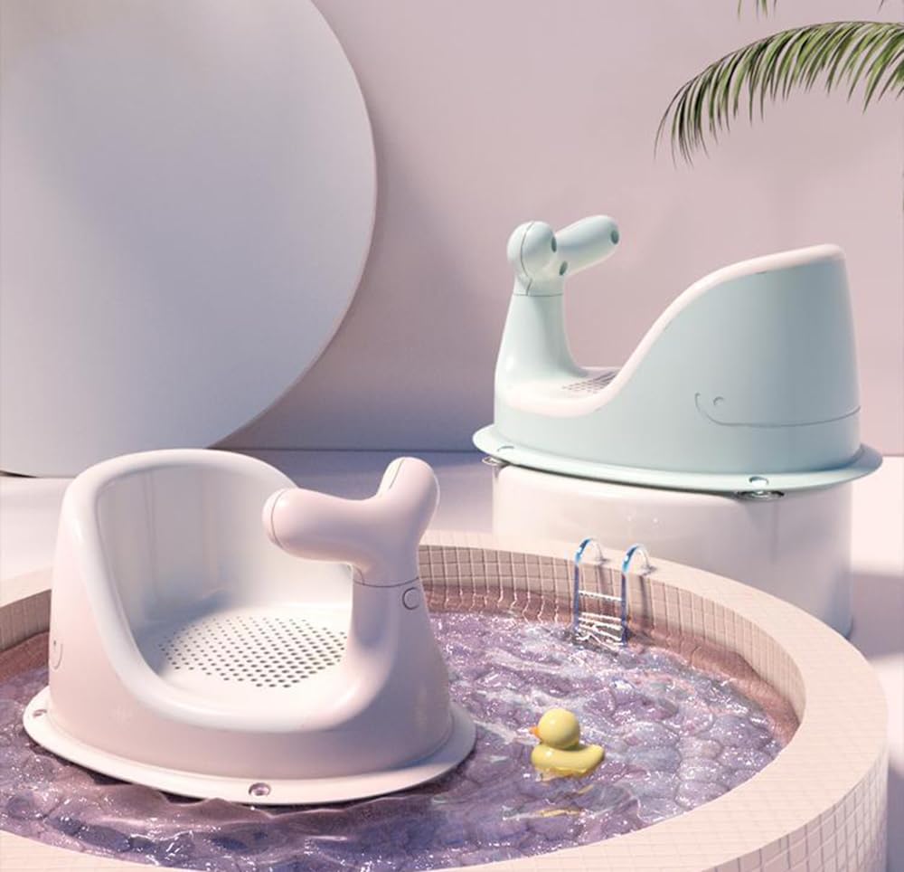 Asiento de baño para bebé con forma de ballena con 4 ventosas, silla de ducha para bebés de 6 a 36 meses, sin suciedad oculta (rosa)