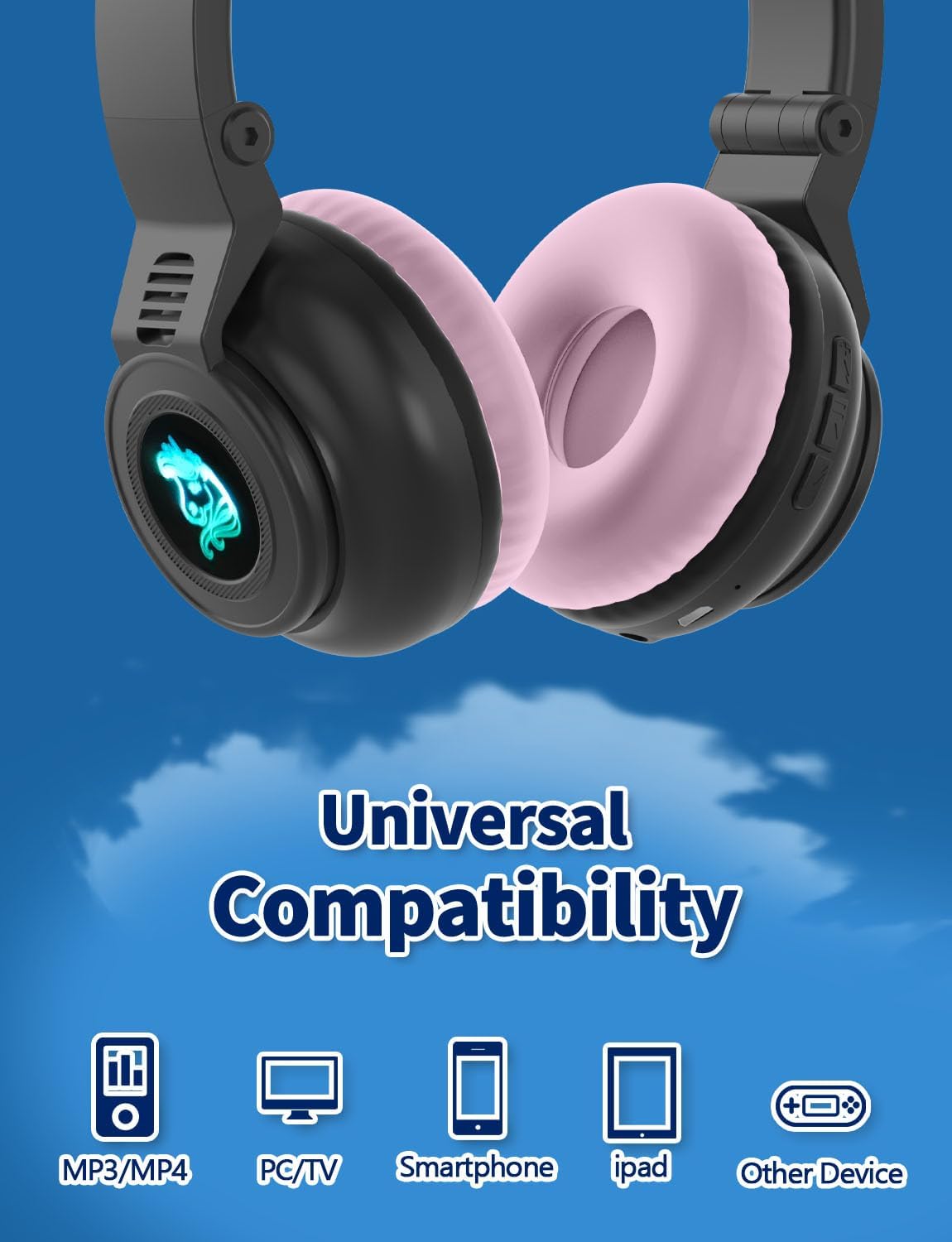Unicorn Kids Headphones for Girls, Unicorn Bluetooth Headphones Foldable for Girls Toddlers Tablet/pad/Amazon fire,Light Up Kids Wireless Headphone Birthday Gifts (Black)