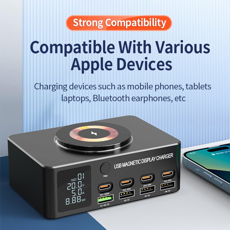 Caricatore intelligente multifunzione con display magnetico da 140 W, 8+1 porta USB C con PD da 100 W, QC3.0, caricatore wireless magnetico, display LCD