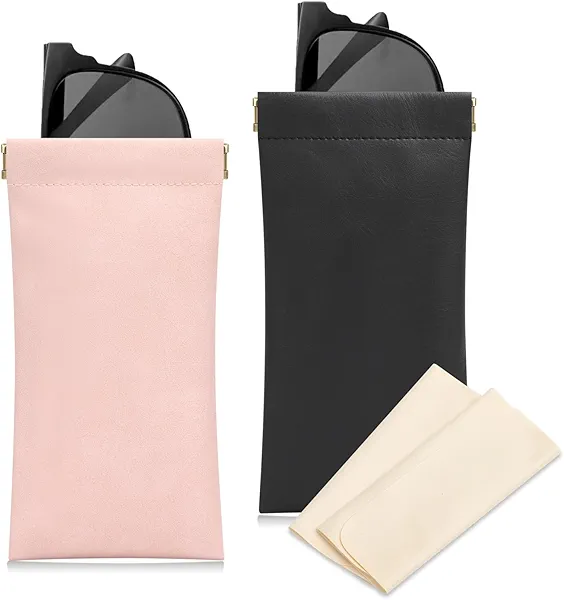 Sightor Sunglass Case, 2 Pcs Travel Soft Eyeglass Cases for Women Portable Squeeze Top Leather Glasses Pouch (Black, Rose)