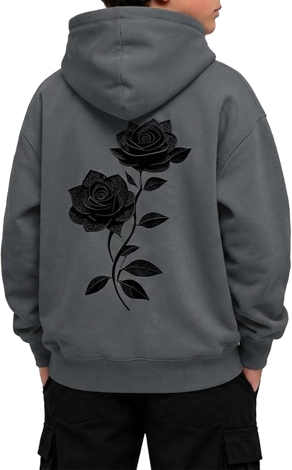 KIEKIECOO Boys Black Rose Graphic Hoodies Gothic Streetwear Cool Sweatshirt