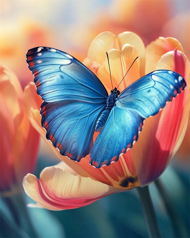 Henypt 11Ct DIY Counted Cross Stitch Kits for Adults Butterfly On A Tulip Blossom Embroidery Cross Stitch Kits Stamped Pattern Starter Set Needlework Art Accessories Wall Decoration Adult Craft Kit