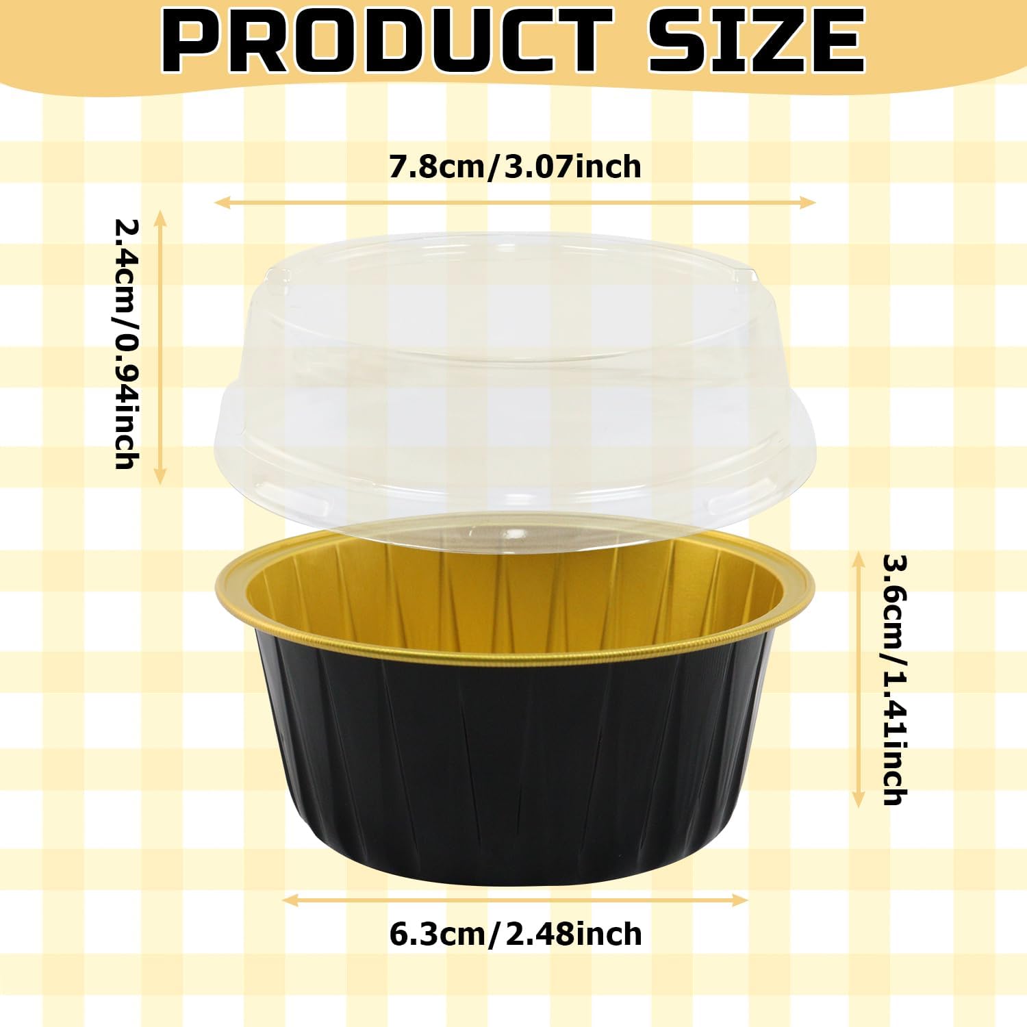 5oz Mini Cake Pans with Lids 50Pcs, Aluminium Foil Baking Cups Disposable Ramekins, Disposable Mini Cake Containers Creme Brulee Ramekins for Christmas Party Wedding Birthday(Black Gold)