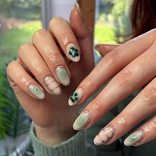 Green Press on Nails Short Oval Fake Nails Spring Nails Press ons with Green Clover Silver Lines Design Full Cover Stick on Nails for Women Manicure,Reusable | Nail Sticky Tabs | Easy Apply | 24Pcs