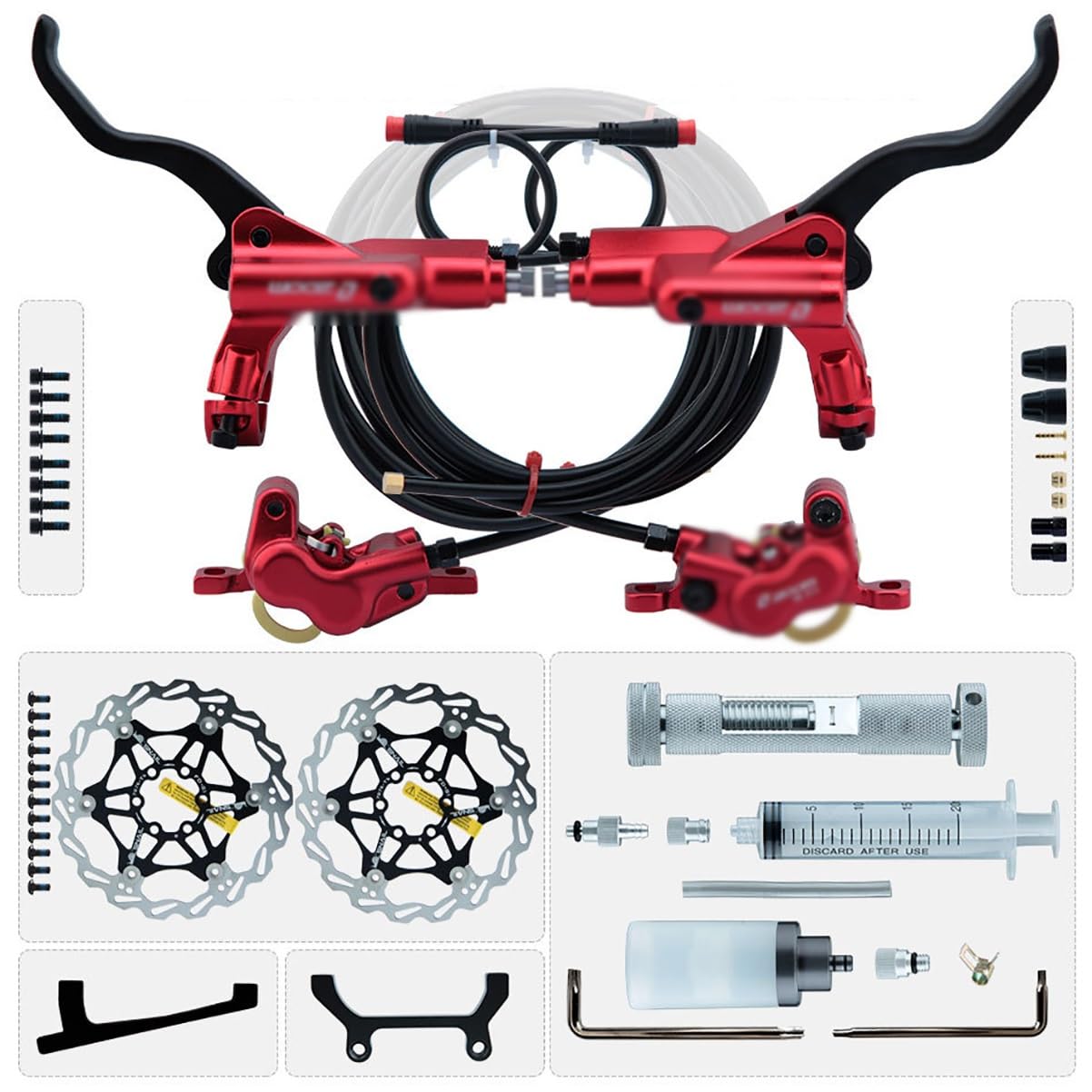 KLWEKJSD E-Bikes Hydraulic Brakes 4-Pistons 2-PIN Power-Off Hydraulic Brake Set with 180mm Rotors, 2300mmHose, Mounting Adapter and Tool Kit (Color : Red)