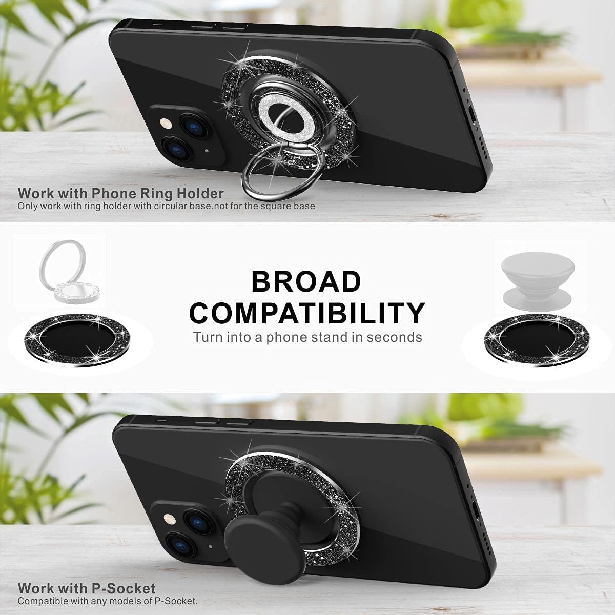 HALLEAST Magnetic Base Compatible with Popsocket iPhone 14/13/12 Mag Safe Case【Base Only】,Removable for Wireless Charging,Designed for P-Socket Grip or Phone Ring Holder Kickstand,Glitter Black
