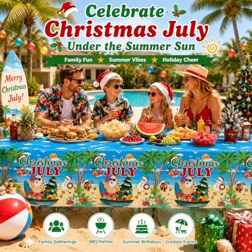 Image of tineit 3 Pieces Christmas July Decortions 54 x 108 Inch Plastic Tablecloth for Hawaiian Kalikimaka and Santa, Table Cover Gift Summer Pool Party Supplies | Hawaiian Kalikimaka Tablecloth, Perfect for Summer Pool Party Supplies, Durable Plastic