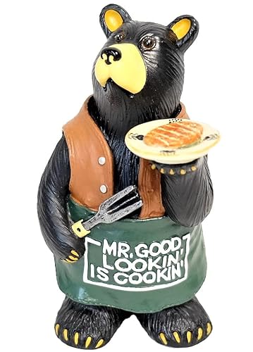 Amajy Mr. Good Lookin Is Cooking - Black Bear Grill Chef Statue Figurine Whimsical Cabin Lodge Kitchen Dining Room Decor 5" (H) (Great Stocking Stuffer) For Men #TOP5