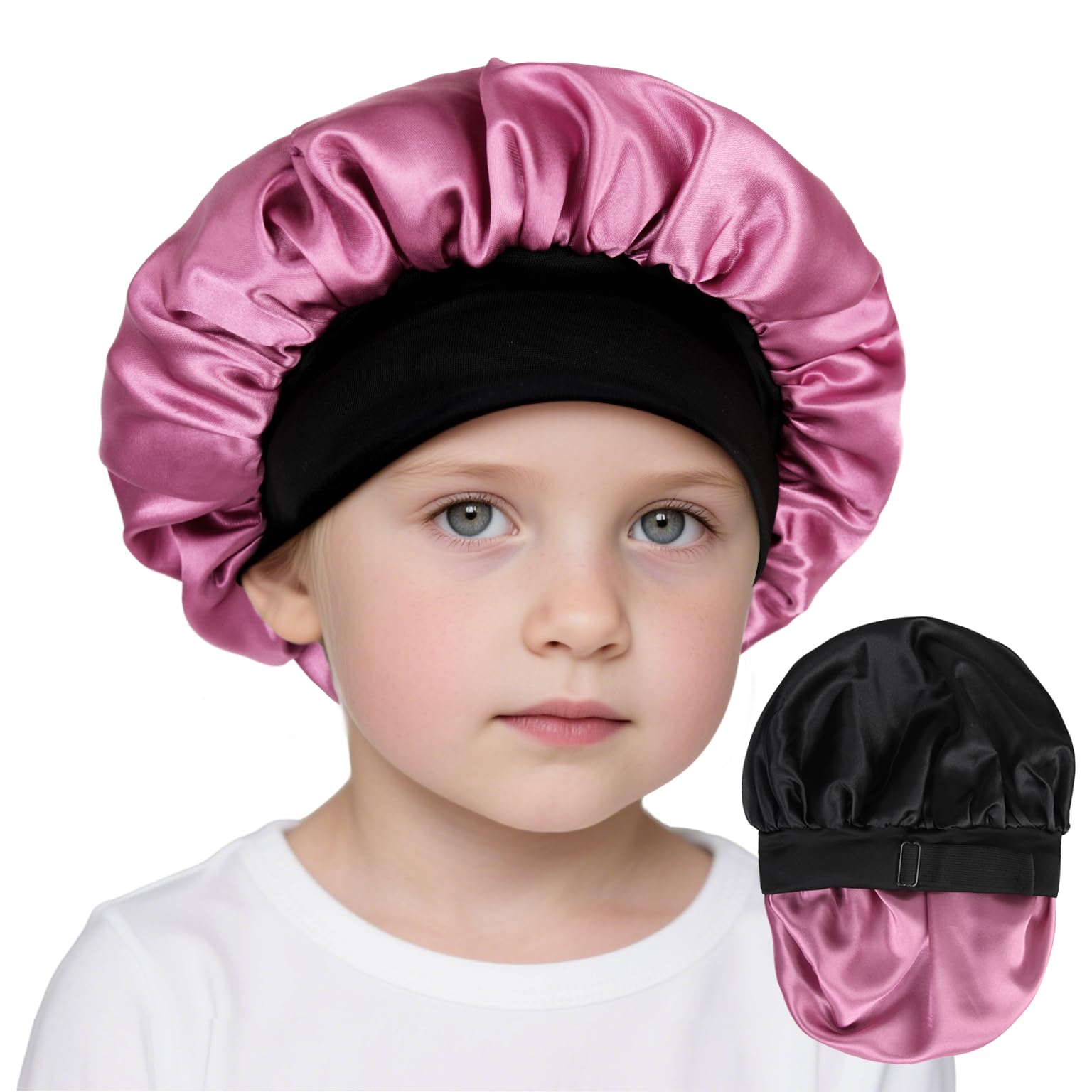 Kids Bonnets for Girls Silk Bonnet for Kids Double Layer Satin Bonnet Adjustable Toddler Sleep Cap Hat（Black and Rose Gold）