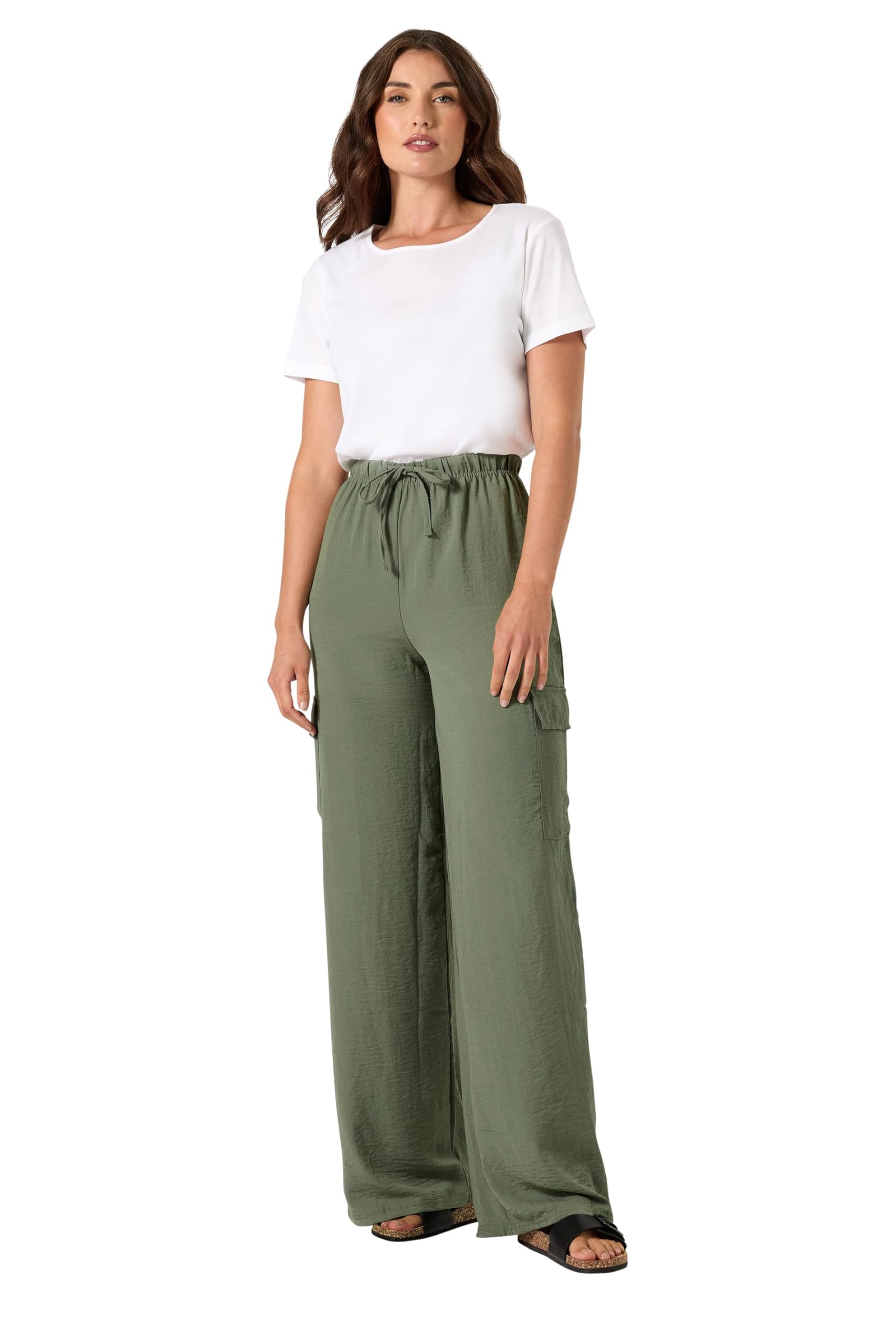 Long Tall Sally Women's Green Tall Cargo Crepe Wide Leg Trousers In | Size: 18XL