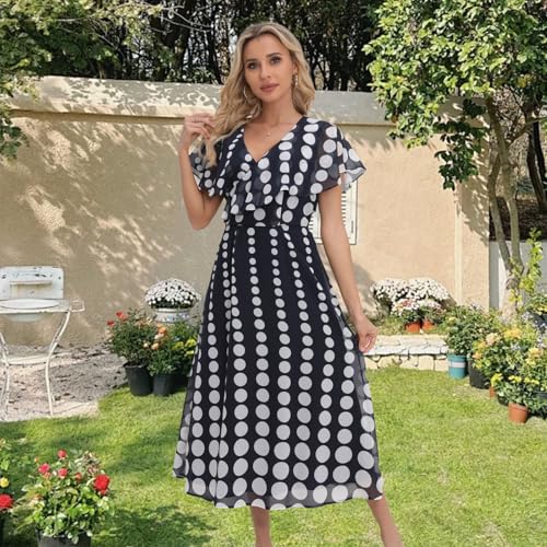 Image of Women's Casual Summer Dot Dress - V-Neck Short Sleeve Boho Dress, Wedding Guest Navy