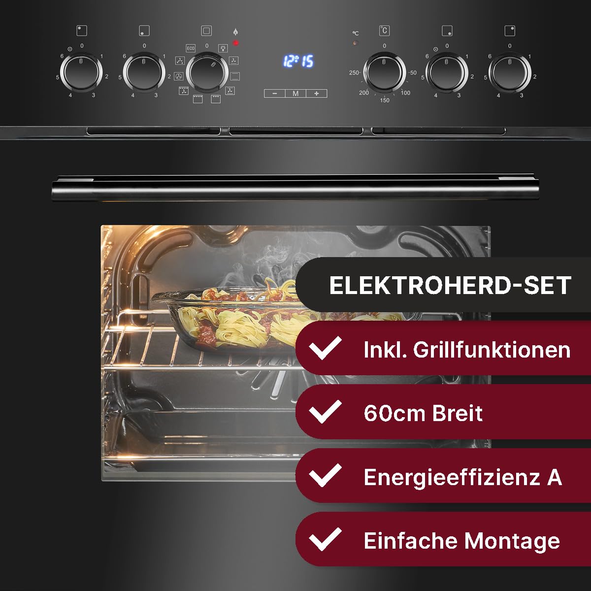 Bomann, Four avec plaque de cuisson à induction, Cuisinière encastrable avec 4 zones de cuisson et 9 fonctions de four, Capacité utile de 56 l, Thermostat réglable séparément, EHBC7937, Noir