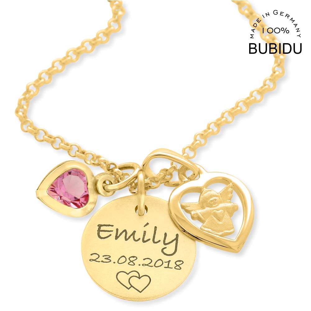 Taufkette Gold Mädchen Engel Gravur Namenskette 925 Silber Engelschmuck Baby Schutzengel Engelanhänger Taufe Geburtsdatum Kette rosa blau | HANDMADE IN GERMANY