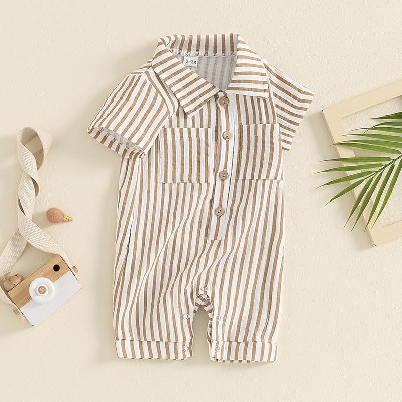 Baby Boy Vertical Striped Romper with Pockets One Piece Lapel Neck Short Sleeve Buttons Jumpsuit Spring Summer - Image 3
