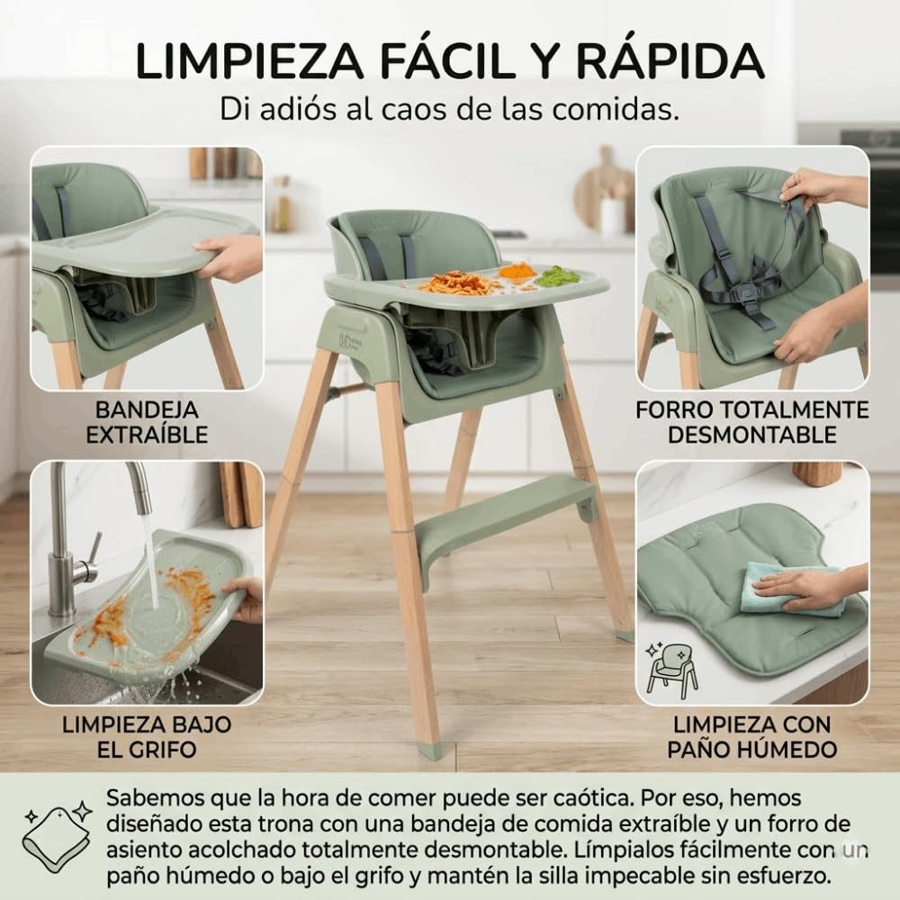 DEVESSPORT Trona 2 en 1 Plegable y Evolutiva (6 a 60 Meses) - Silla Alta Convertible con Montaje Sin Herramientas, Bandeja Extraíble, Cojín Lavable y Estructura de Acero Lacado - Verde