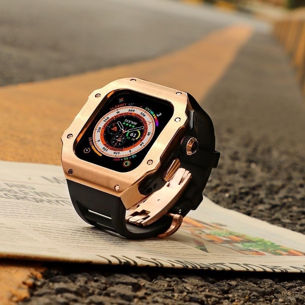 Edelstahl-Uhrengehäuse, Gummiband, für Apple Watch Serie 9, 8, 7, 6, 5, 4, SE, Ersatz-Uhrengehäuse, Verschluss, Mod Kit, für iWatch Serie 45 mm, 44 mm Zubehör