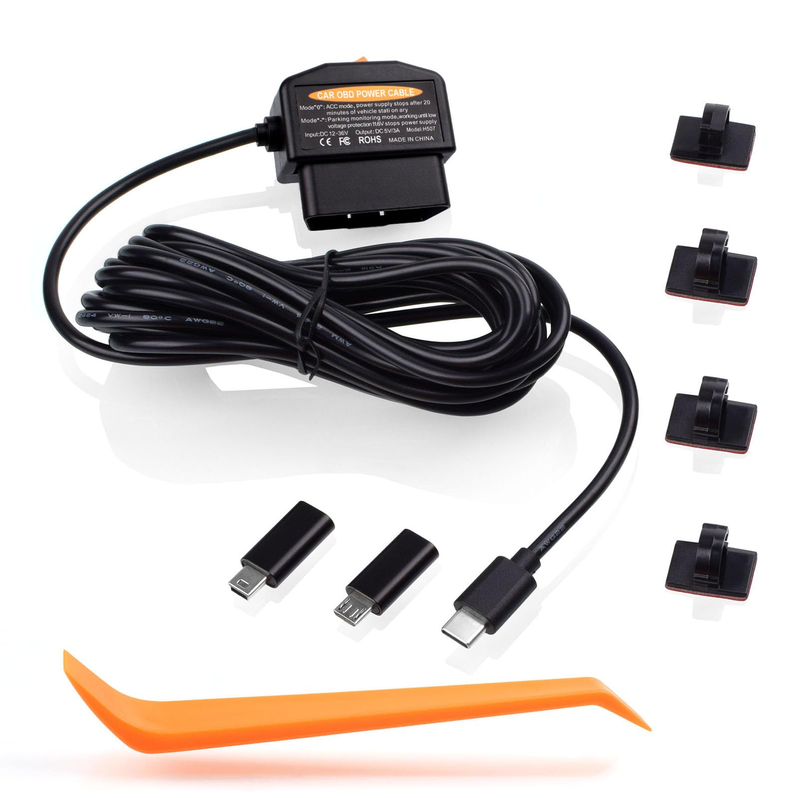 SKLK-SEL OBD2 OBD Power Cable for Dash Camera OBDII to USB C Adapter Hardwire Charger Cable 24 Hours Surveillance/Acc Mode with Low Voltage Protection