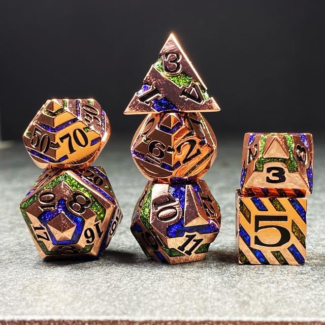 Sage's Portal Dimension Stones Metal DND Dice 7 Piece Polyhedral Dice Set for DND TTRPG Dungeons and Dragons Pathfinder Oversized Designer Dice (Copper/Blue/Green)