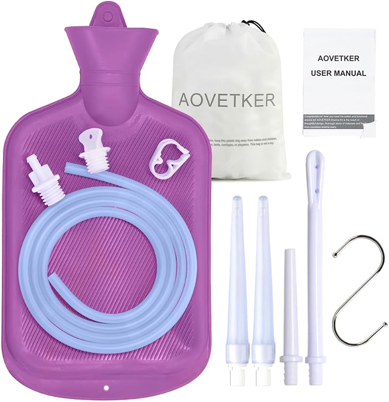 Enema Bag Kit – 2L with 4 Tips | 5ft hose, clamp, hook and storage bag. Home colon cleanse with water/coffee. Complete kit for women and men.