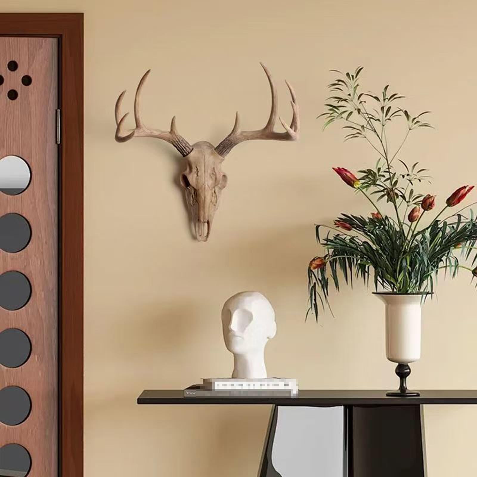 Realistico Teschio di Cervo Finto da Appendere alla Parete, Decorazione in Resina Anticata con Teschi di Cervo, Decorazione da Parete per Ufficio, Senza Trapano(A)