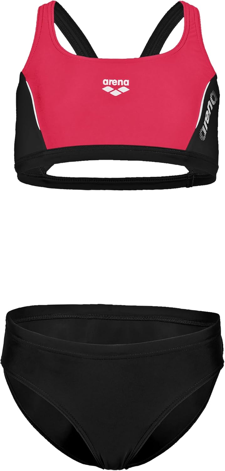 ARENA Feel Girls' Junior Thrice Two-Piece Swimsuit Racer Back Top Waterfeel Comfortable Suit Pool or Beach, US Size 28, Black/Anguria/White
