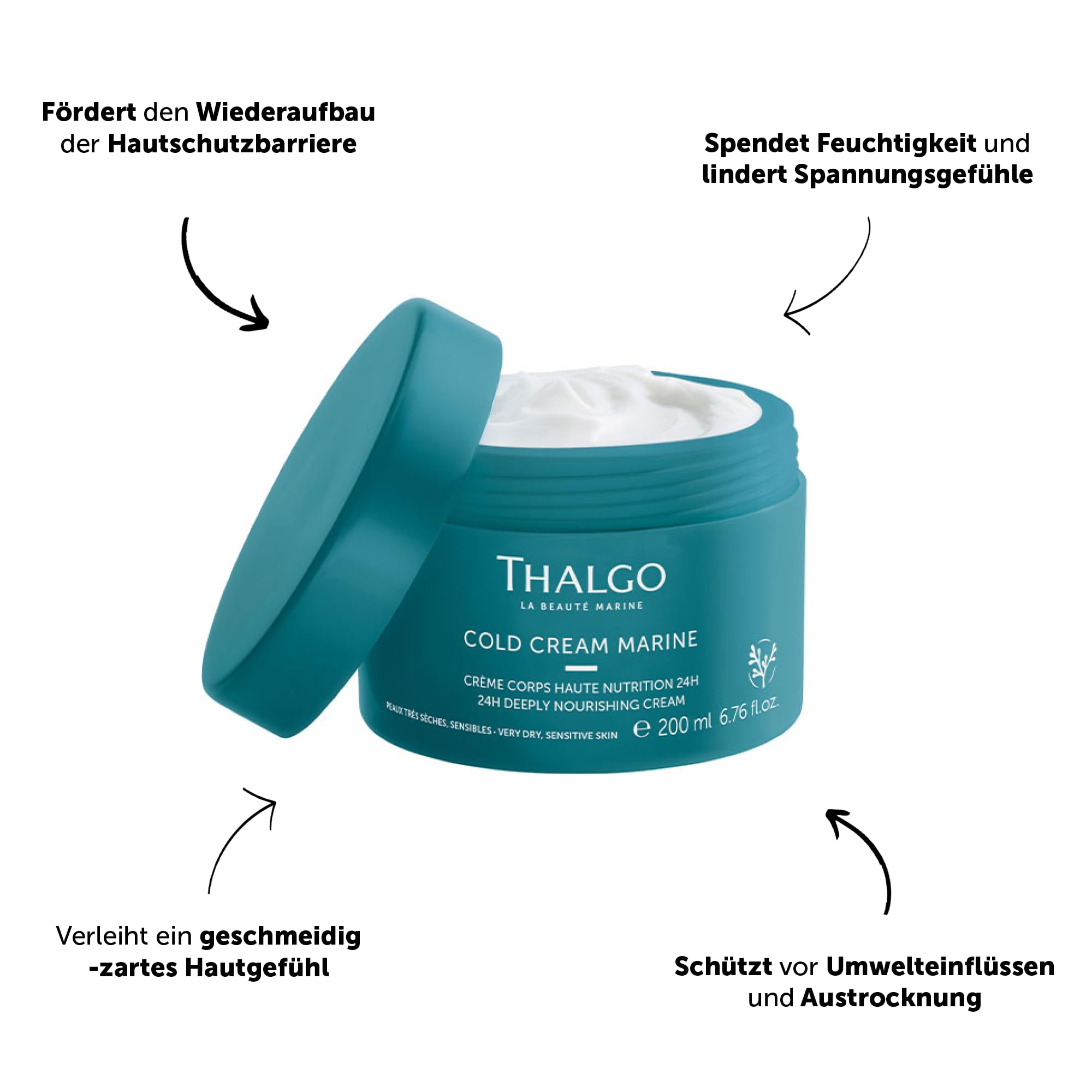 THALGO Feuchtigkeitsspendende Körpercreme – Intensive Pflege für trockene Haut, zarte Textur, langanhaltender Schutz, 200 ml