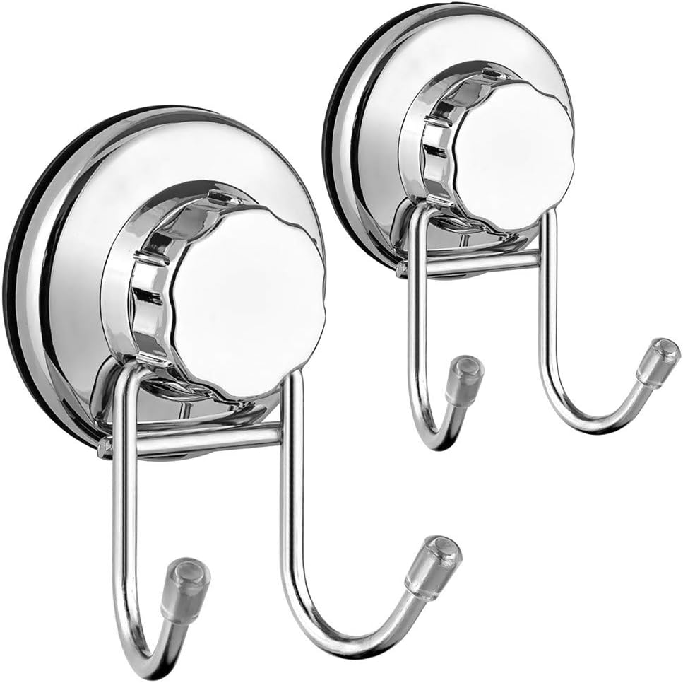 Double Hooks Suction Cups Vacuum Hook for Flat Smooth Wall Surface Towel Robe Bathroom Kitchen Shower Bath Coat,NeverRust Stainless Steel (2 Pack)