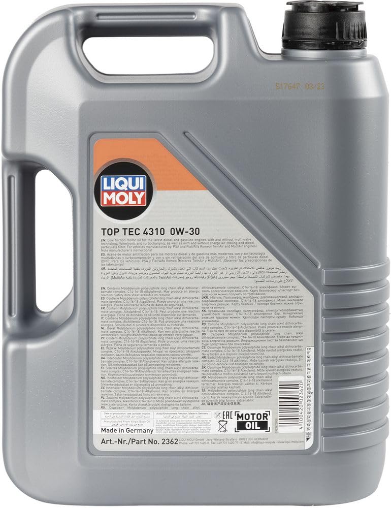 LIQUI MOLY Motoröl 0W-30 Top Tec Motor Öl ACEA C2 4310 5L Kompatibel mit FIAT Ducato Kastenwagen 250, 290 500 312, HYUNDAI Tucson TL, TLE, TOYOTA Yaris Schrägheck P9, OPEL Corsa F