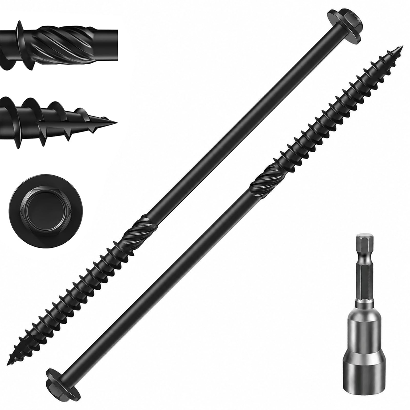 Zynthor 50Pcs 6.7 x 150mm Wood Screws, Black Carbon Steel Hex Washer Head Coach Screws with Driver Bit, Timber and Sleeper Screws for Decking, Fencing, Pergolas and Timber Frames