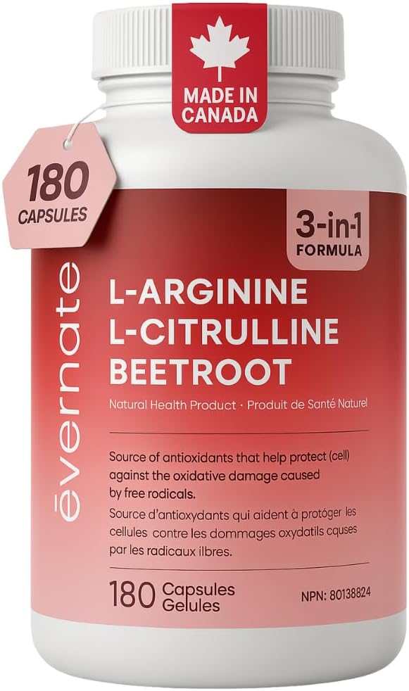 Evernate L-Arginine 590 mg, L-Citrulline 266 mg & Beetroot (Per Serving: 2 Capsules) – 3-in-1 Nitric Oxide, Circulation & Energy – 180 Vegan Capsules – Made in Canada