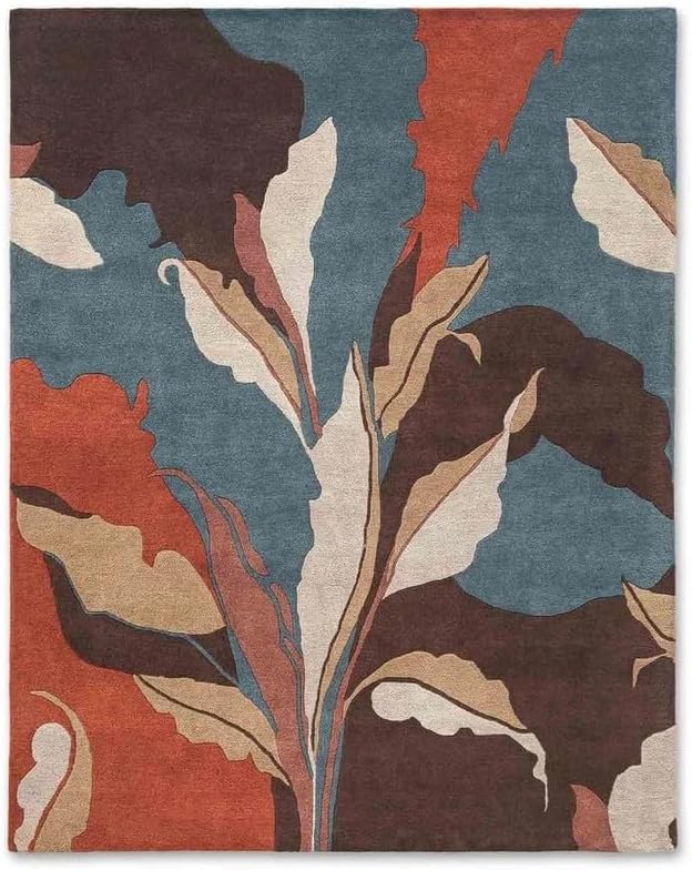 10x14 Ft Hand Tufted Wool Area Rug, Modern Abstract Leaf Multicolor Blue Rust Brown Design, Premium Handmade Carpet for Living Room Bedroom & Home Décor