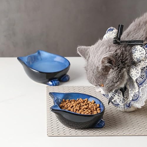 Miniatura 5 de Nihow Cuenco básico de cerámica para gatos: plato para gatos de 5 pulgadas para alimentos y agua, grado alimenticio, apto para microondas y Azul &