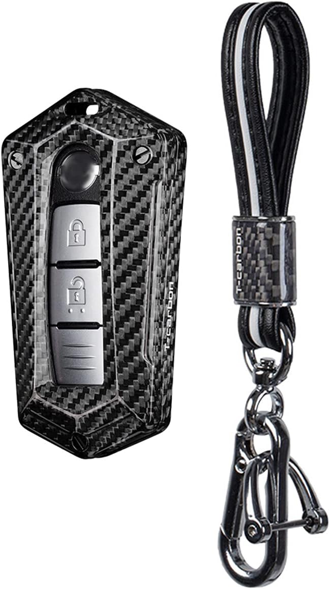 Car Key Fob Cover Case For Nissan 370Z Altima Armada Frontier GT-R Leaf Maxima Murano Pathfinder Rogue Sentra Titan Versa Carbon Fiber Heavy Duty Key Shell - Red + Braided Keychain