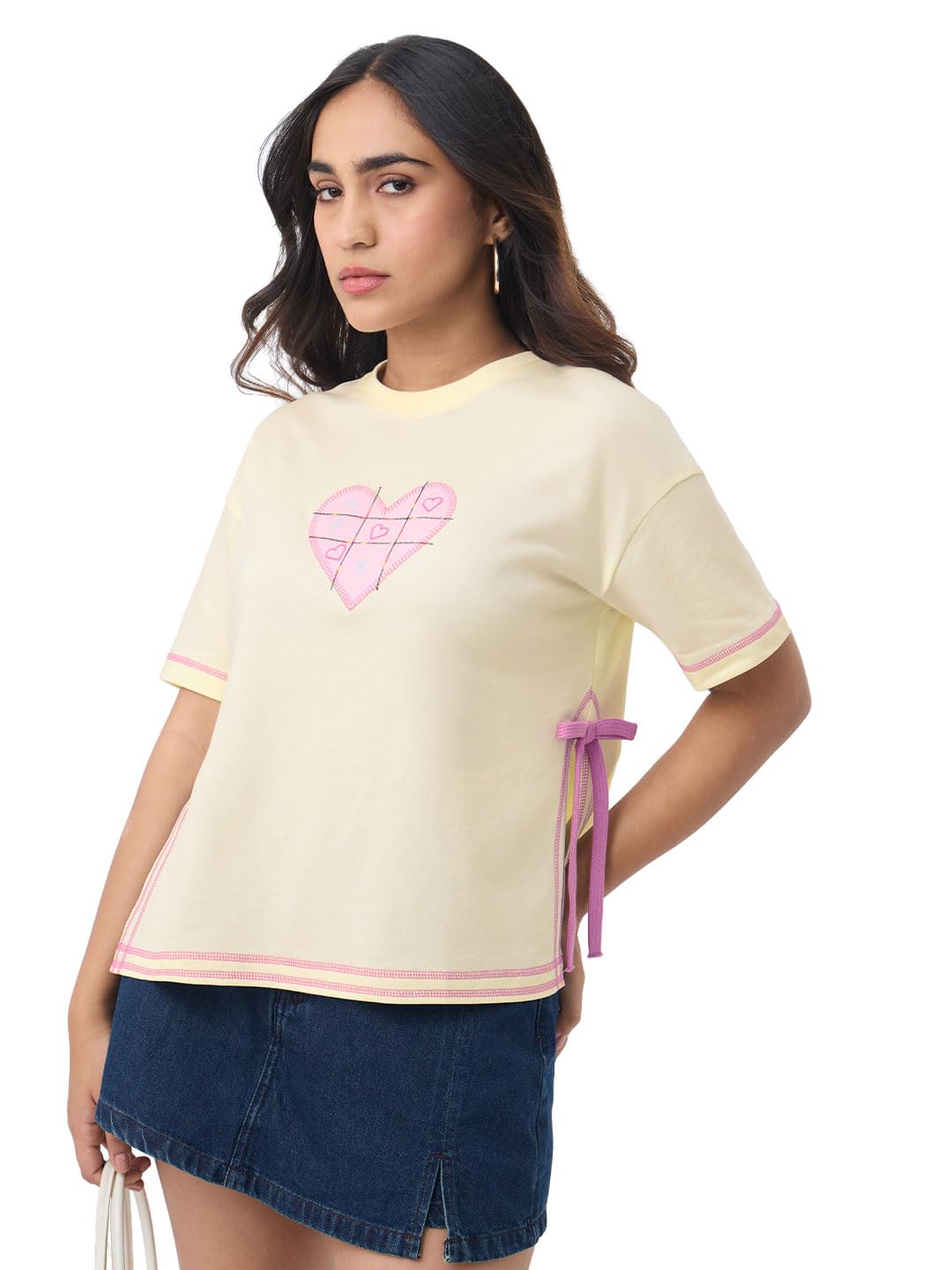 the souled store Slit T-Shirt: Tic-Tac-Toe Women and Girls Short Sleeves Round Neck Light Yellow Embroidered Cotton Lightweight Everyday Streetwear Oversized T-Shirt-picture-17
