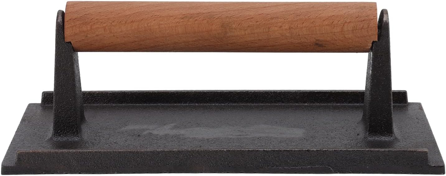 NIKOU Teppanyaki Pressed Meat Plate Rectangular with Wooden Handle Cast Iron Grilled Squid Fried Steak BBQ Tool(10 * 20CM长方形压肉板)