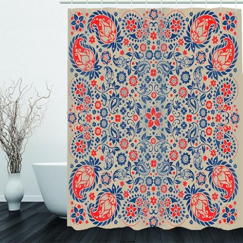 Rideau de douche rouge et bleu floral en polyester imperméable - 3