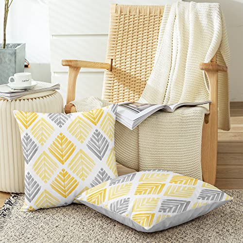 Calitime Throw Pillow Cases Pack Of 2 Cozy Fleece Two-Tone Geometric Tree Leaves Decorative Cushion Covers For Couch Bed Sofa Farmhouse Decoration 18 X 18 Inches Gold Grey #TOP4