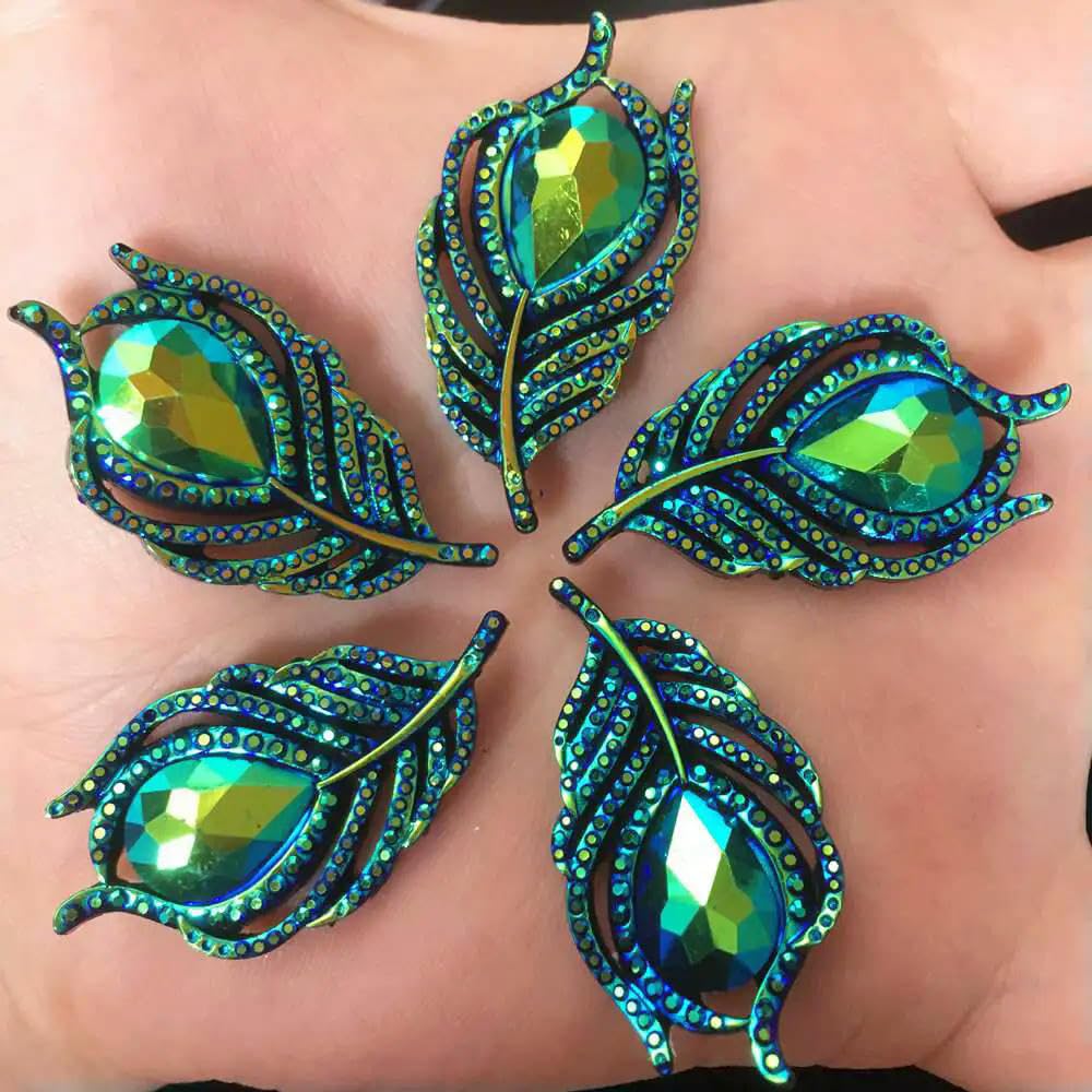 XDMING 10PCS AB Resin 3D Black Peacock Feathers Flatback Rhinestone Wedding Scrapbook DIY for Clothing Gem Appliques Crafts