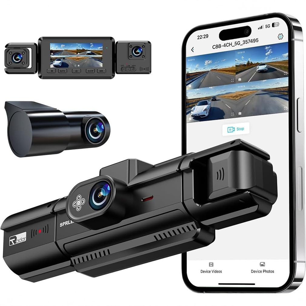Dash Cam a 4 canali per auto, telecamere anteriori interne laterali e posteriori, visione notturna 4 telecamere HD 1080p, modalità parcheggio radar, app WiFi protezione panoramica WDR a 360 gradi