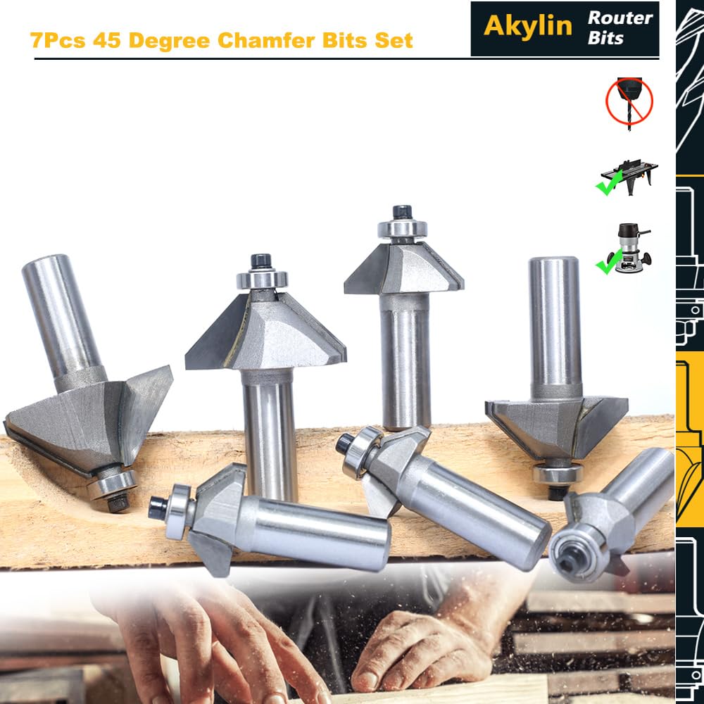 Snapklik.com : Akylin 7Pcs 45 Degree Chamfer Router Bit Set,1/2