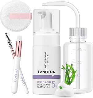 LANBENA Lash Shampoo Kit for Lash Extensions 100ml, Eyelash Extension Cleanser, Amino Acid Lash Wash Soap Mousse Bath for Sensitive Skin, Eyelid Foam for Makeup Mascara Remover, Paraben & Sulfate Free