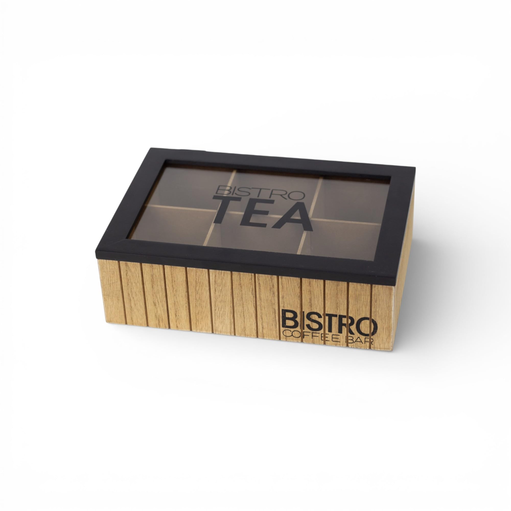 Pincho Organizer für die Küche, Teebox, Teebox mit 6 Fächern, Deckel mit transparentem Fenster, sortierte Teebeutel, Holz, 24 x 16 x 8 cm