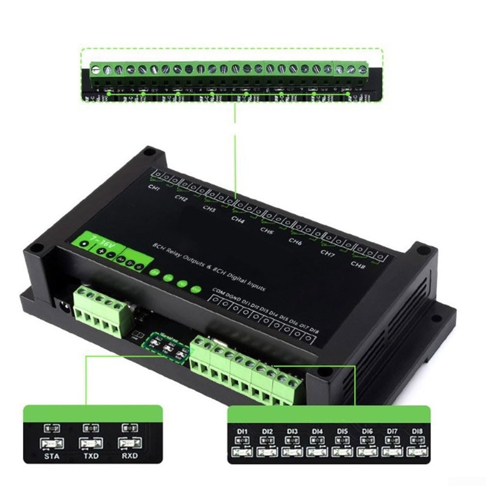 Modulo relè a 8 canali con RS485 per MODBUS RTU, 7-36V DC, 8 ingressi digitali Isolamento accoppiatore ottico, montaggio su guida DIN per controllo intelligente di automazione