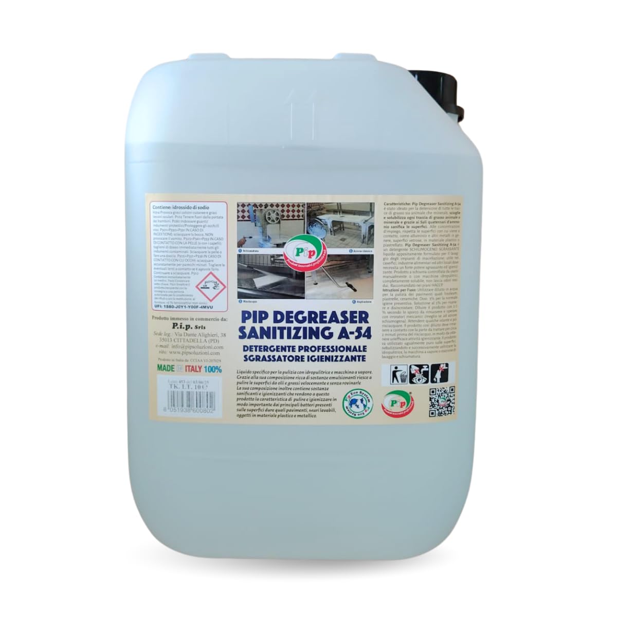 PIP Sgrassatore Professionale Igienizzante Degreaser Sanitizing A-54, Concentrato 10 Litri Pari a 200 Litri di Prodotto Pronto Uso, per Idropulitrici Macchine a Vapore Pulizia Superfici Dure