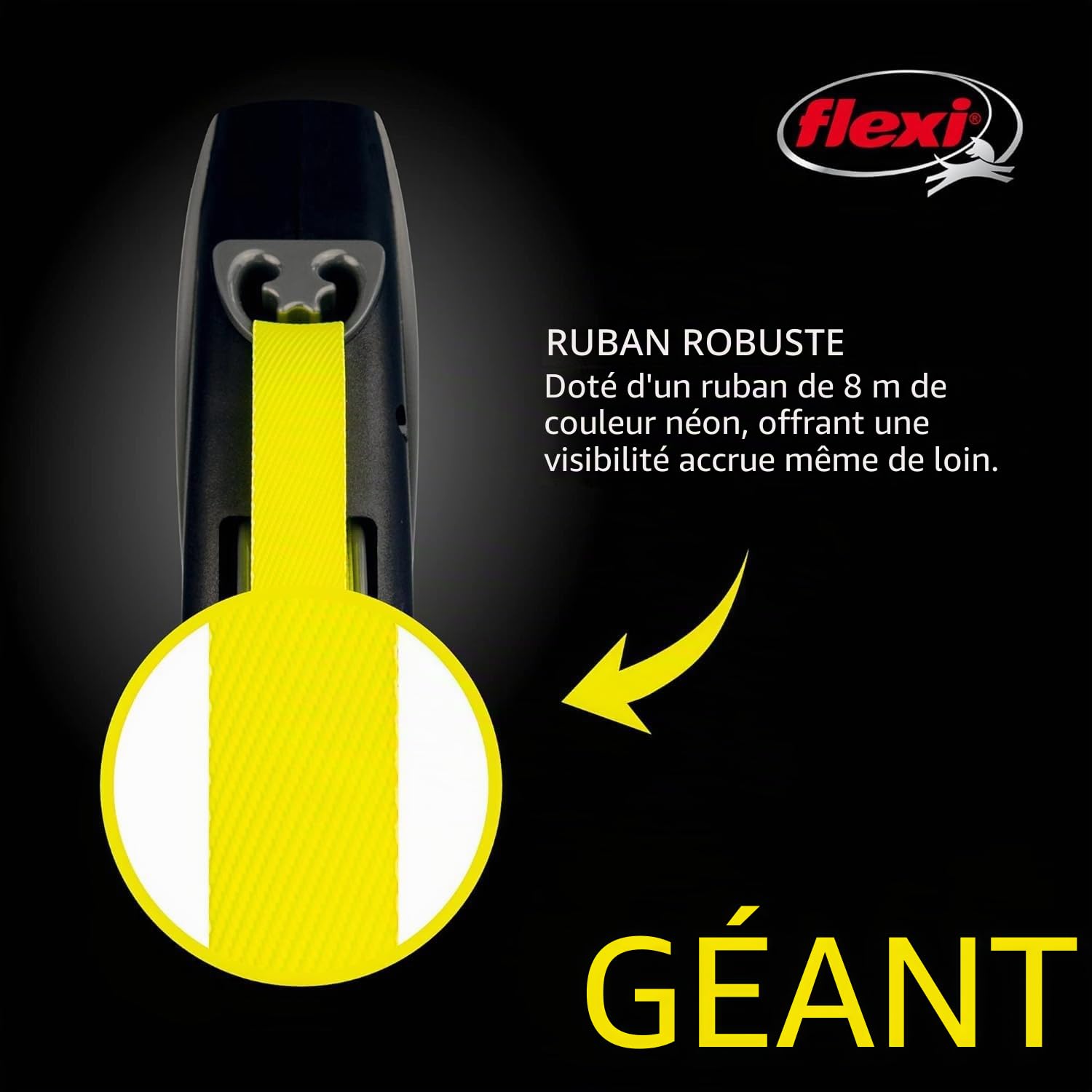 Flexi USA Laisse rétractable géante Fluo (Ruban), Ergonomique, Durable et sans nœuds, pour Chiens pesant jusqu'à 50 kg, 8 m, Taille L, Noir