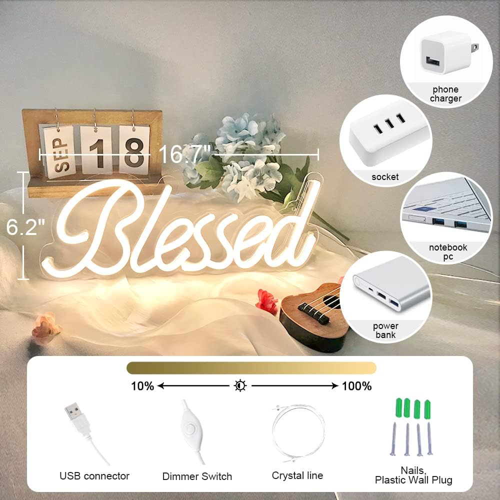 DIVATLA Blessed Neon Sign for Wall Decor, Blessed LED Light Up Signs for Bedroom, Dimmable & Reusable for Office Studio Lounge, Blessed Gifts for Friends & Family, USB Powered 17"x7" Warm White